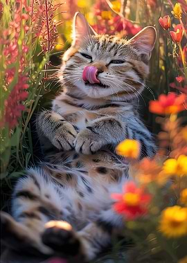 Cute kitten licking its nose in flowers