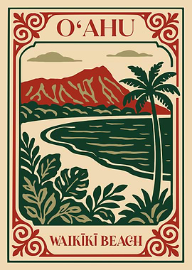 O'ahu Waikiki Beach Vintage Poster