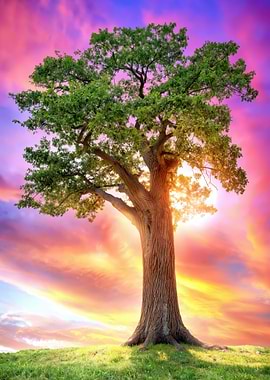 Majestic Oak Tree at Sunset