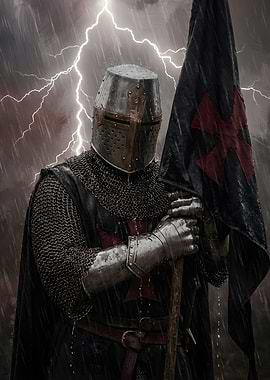 Knight with Templar Flag in Storm