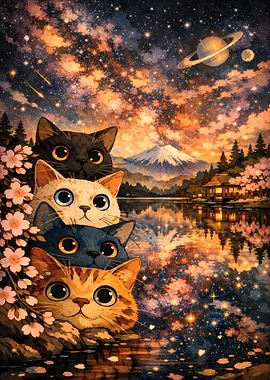 Cute Cats in a Cosmic Japanese Landscape