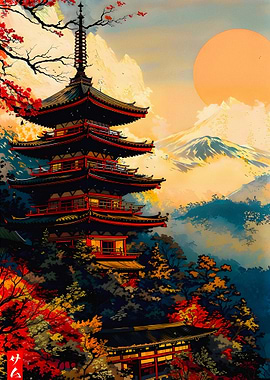 Japanese Pagoda and Mount Fuji