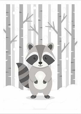Cute Raccoon in Winter Forest