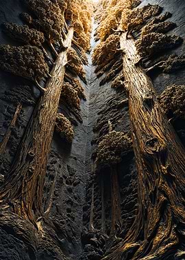 Golden Giant Trees Stone Relief