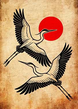 Two Cranes Flying with a Red Sun