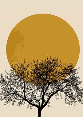 Bare Tree Silhouette Against Golden Moon