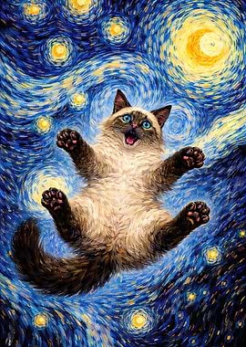 Siamese Cat falling in the Starry Night Sky