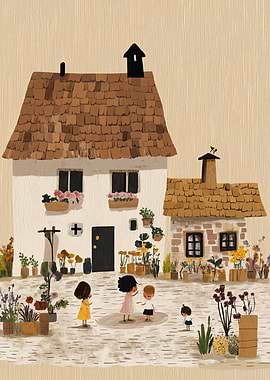 Children playing in a quaint village courtyard
