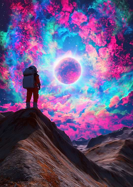 Astronaut on Alien Planet Watching Nebula