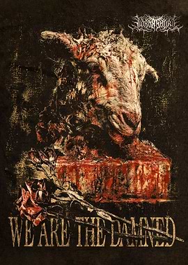 Bloody Sheep Head with Roses and Text