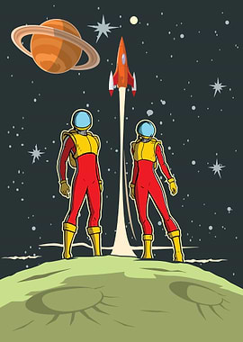 Retro Astronauts Launching Rocket