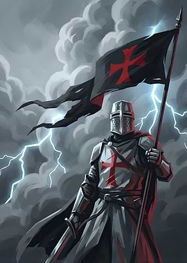 Knight with Templar Flag in Storm