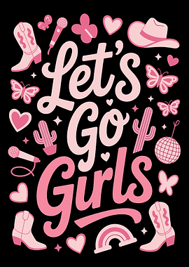 Let’s Go Girls Poster, Pink Western Disco Cowgirl Wall Art, Retro Girly Print