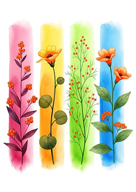 Watercolor Floral Branches with Colorful Backgrounds
