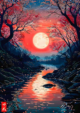 Moonlit Cherry Blossom River