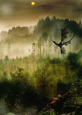 Dragon flying over misty forest