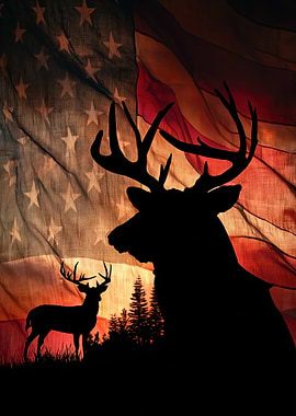 Deer Silhouette Against American Flag