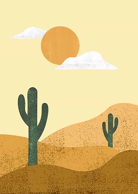 Desert Landscape with Cacti and Sun