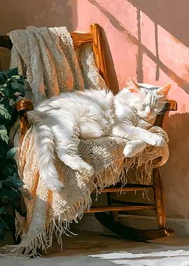 White Cat Sleeping on a Rocking Chair