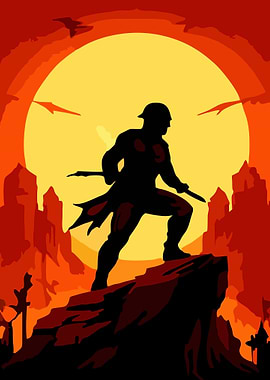 Warrior Silhouette Against Fiery Sunset