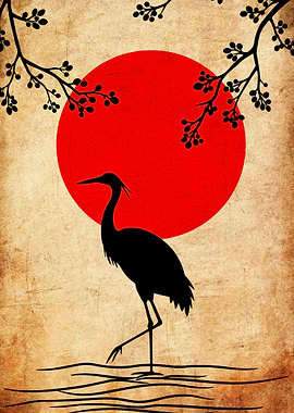 Silhouette of a Crane against a Red Sun