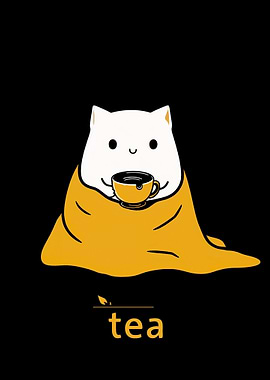 Cute Cat Wrapped in Blanket with Tea