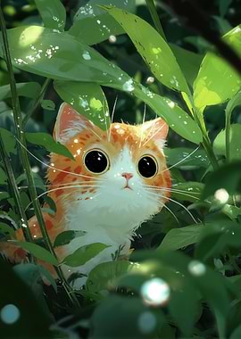 Cute Orange Cat Peeking Through Leaves