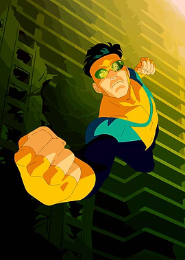 Invincible flying through a destroyed city