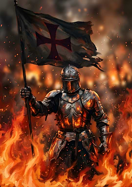 Knight Holding Templar Flag in Fire