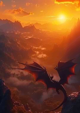 Dragon flying over mountains at sunset