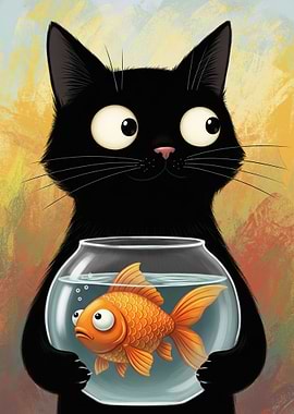 Black Cat Holding a Goldfish Bowl