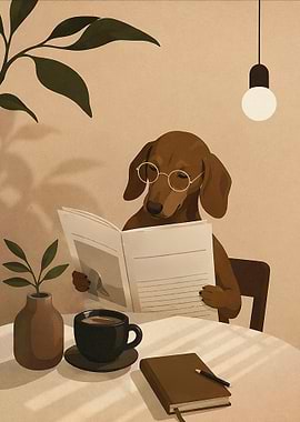 Dachshund Reading Newspaper with Coffee