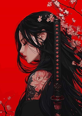 Samurai Woman with Cherry Blossoms