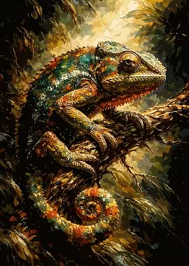 Colorful Chameleon Poster, Vibrant Wildlife Wall Art, Detailed Nature Illustration Print