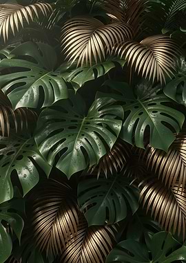Lush Green and Gold Tropical Leaves