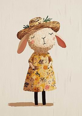 Cute Sheep in a Floral Dress and Hat