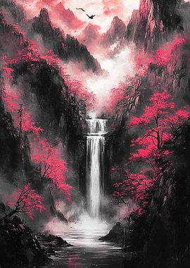 Misty Mountains Waterfall with Cherry Blossoms