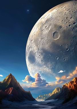 Surreal Moonscape with Mountains