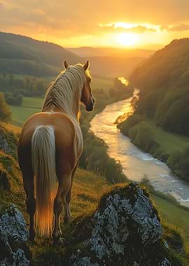 Horse overlooking a sunset river valley