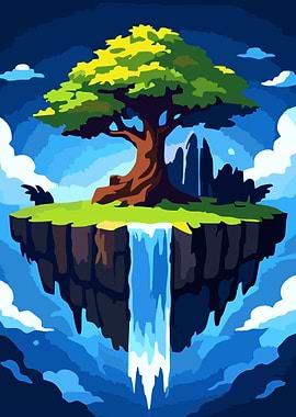Floating Island with Waterfall and Tree