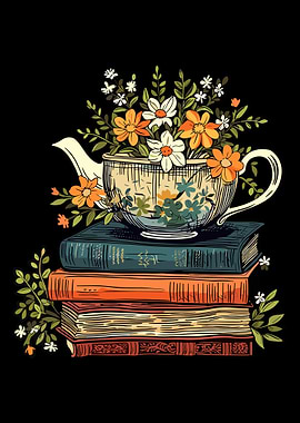 Floral Teapot Poster, Vintage Books & Flowers Art, Cozy Cottagecore Wall Print