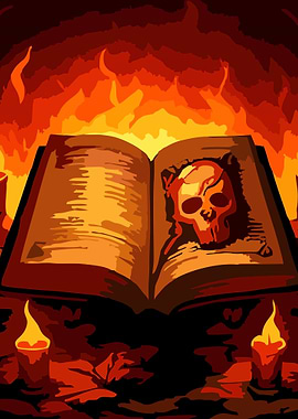 Grimoire with Skull and Flames