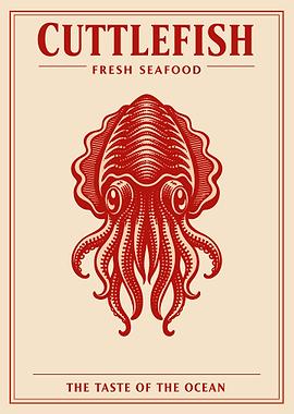 Cuttlefish Seafood Poster, Vintage Ocean Wall Art, Retro Seafood Market Print