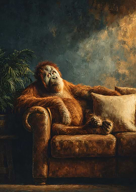 Orangutan relaxing on a couch