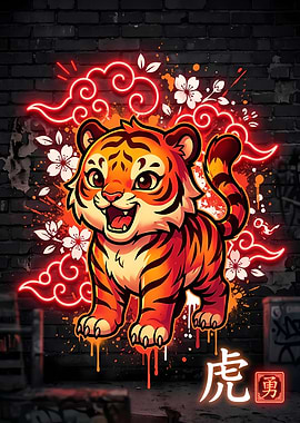 Cute Tiger with Neon Clouds and Cherry Blossoms