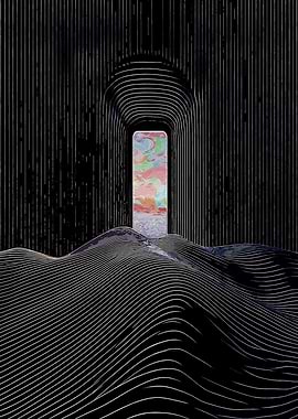 Abstract Digital Art with Tunnel and Landscape