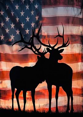 Elk Silhouettes Against American Flag