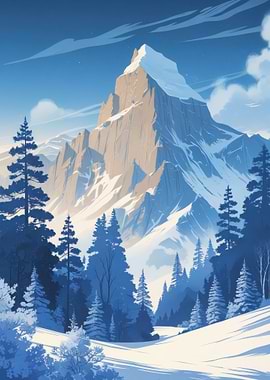 Snowy Mountain Landscape with Pine Trees
