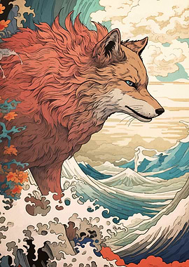 Mythical Fox Spirit and Great Wave