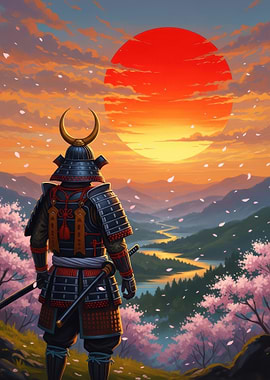 Samurai Overlooking a Sunset Landscape
